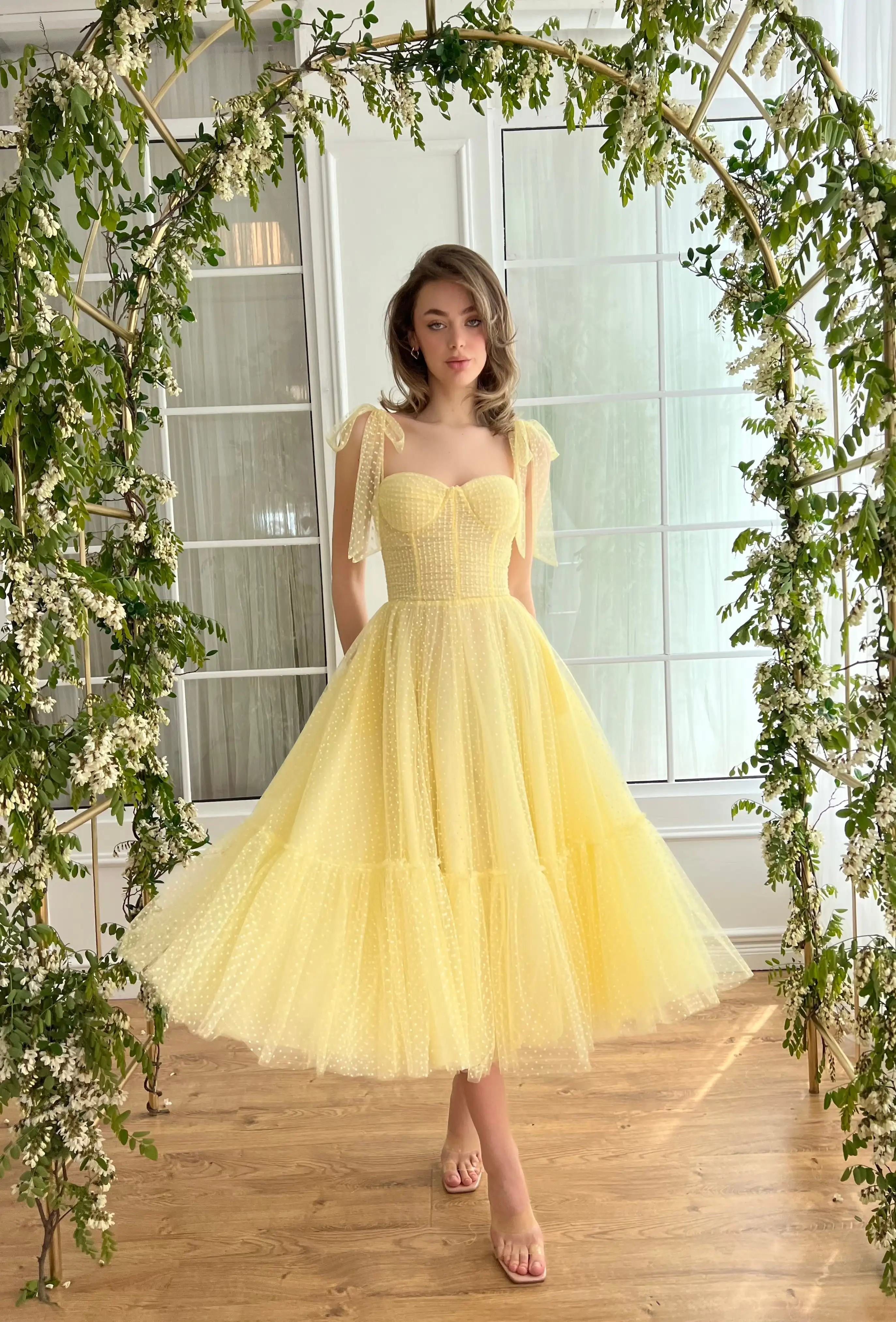 

Daisy A Line Tea-Length Graduation Ball Gown For Teens Sweetheart Neck Dotted Tulle Prom Party Dress With Bow Strap 2024 Summer