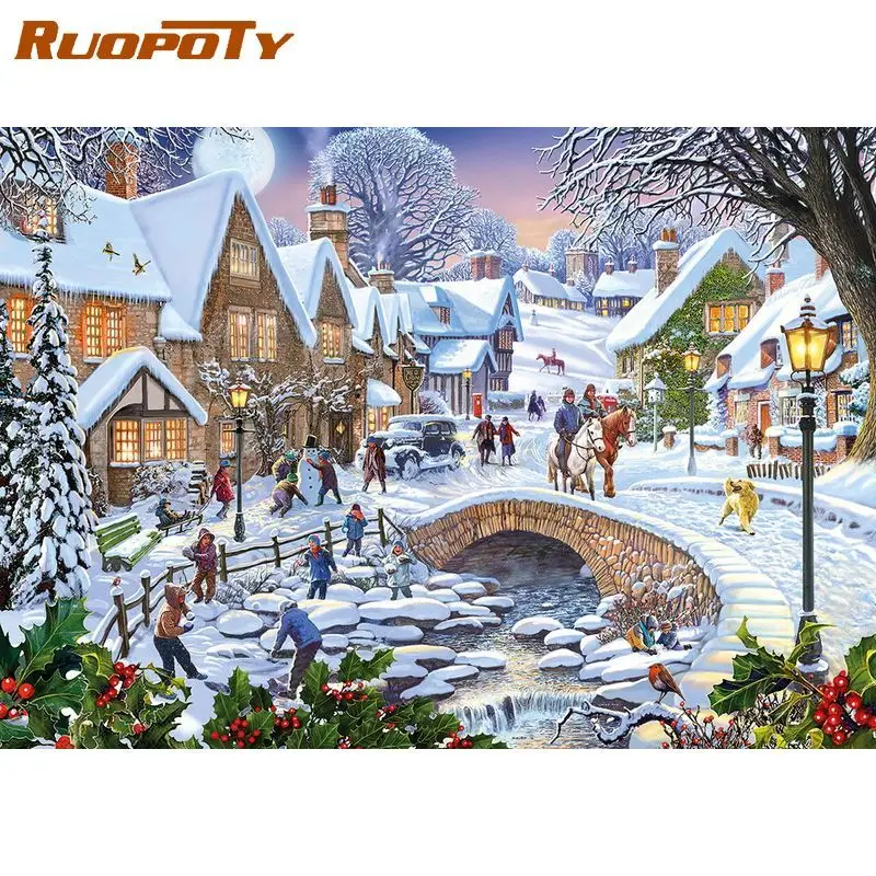 

RUOPOTY Painting By Numbers With Frame 40x50cm Snow House Winter Coloring On Numbers For Adults Paint On Canvas Diy Crafts