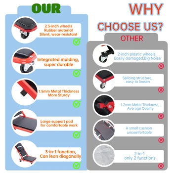 3-in-1 Rolling Mechanic Creeper Z Seat, Foldable Garage Chair Lay Down Sit Lean Back, Under Car Shop Auto Repair, Red Black 2