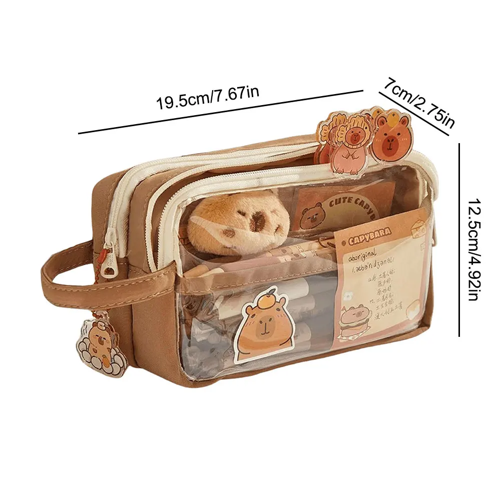 Capybara Kawaii Pencil Case Clear Pen Bag with Compartments Pencil Pouch with Sticker Pendant for Office College School