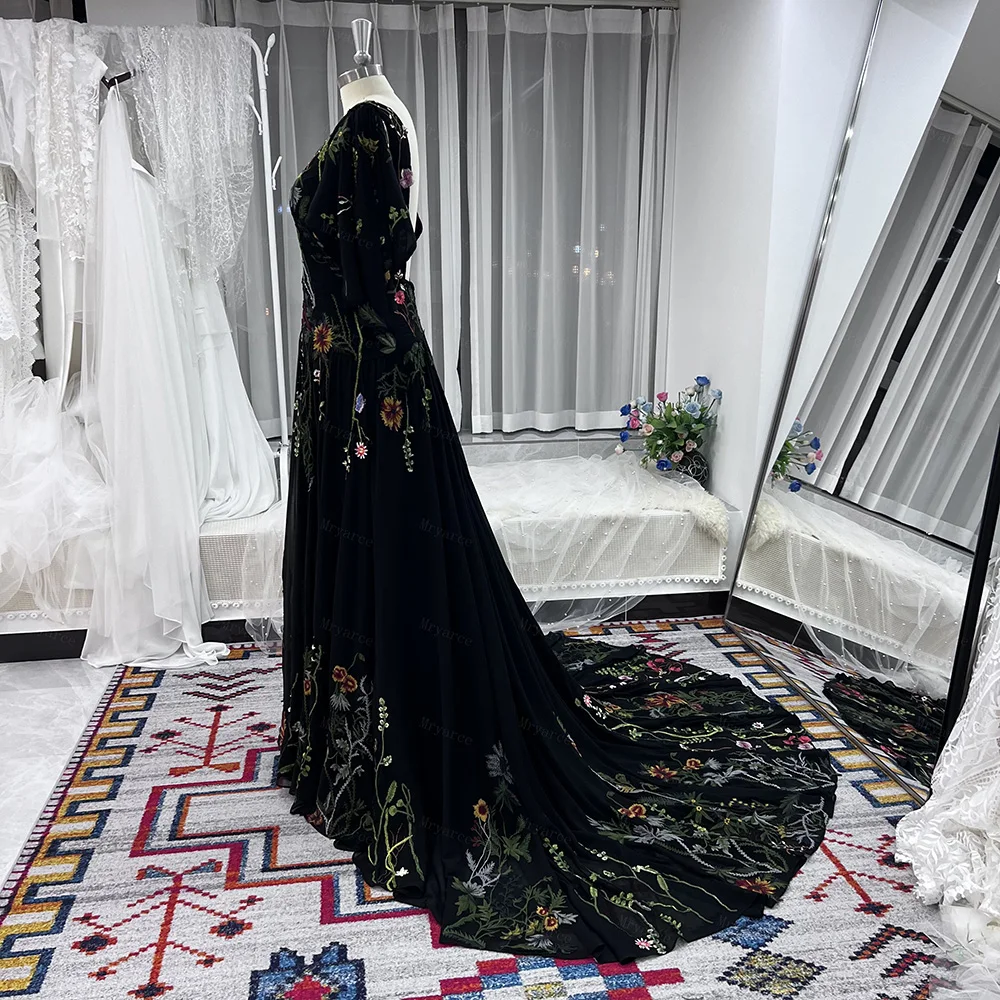 Mryarce Schwarze Brautkleider mit abnehmbaren Ärmeln, Blumenstickerei, Spitzenstruktur, Chiffon-Brautkleider – Detail 9