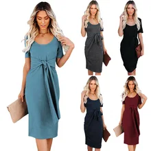 

Spring Summer Solid Color O-Neck Tie Short Sleeve Dress Temperament Plus Size Women Dresses 2022 Elegant Beach Female Maxi Dress