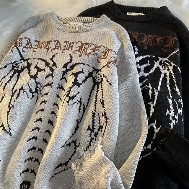 New Hip Hop Streetwear Knitted Sweater men Gothic Letter Bat Skeleton Print Pullover 2021 autumn Harajuku Cotton sweater women 6