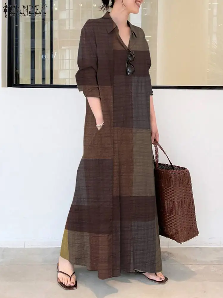 

Autumn Shirt Dress ZANZEA Women Casual Long Sleeve Check Sundress Lapel Neck Maxi Long Vestidos Holiday Party Robe Femme Kaftan
