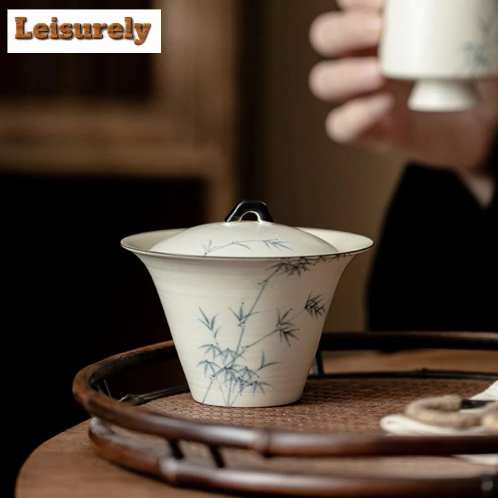 150ml Hand-painted Ink Bamboo Gaiwan Aesthetic Pink Yin White Horseshoe Tea Tureen Tea Maker Cover Bowl Chinese Set Craft