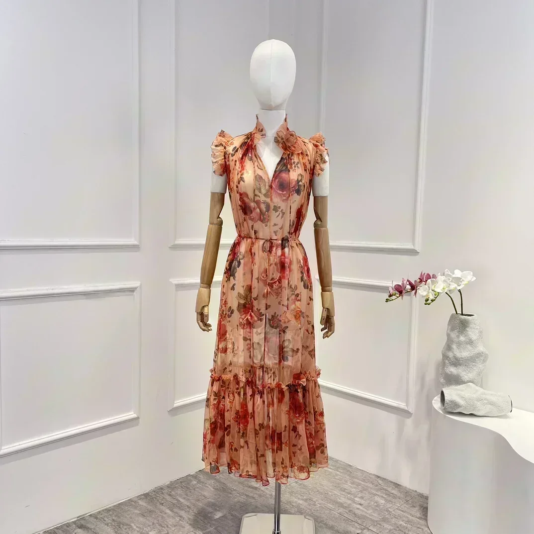 

Женское плиссированное платье миди без рукавов, платье с цветочным принтом, аппликацией и V-образным вырезом, со шнуровкой, 2023