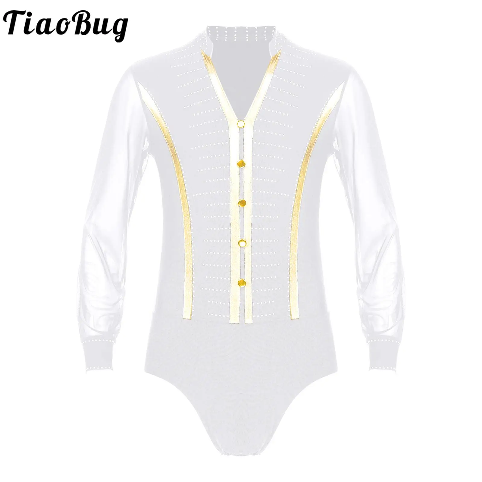 Men Long Sleeve Latin Leotard Ballroom Costume Shiny Modern Dance Shirts Leotard Bodysuit Rumba Samba Dance Performance Clothes dance dress dance shirts dance bodysuit