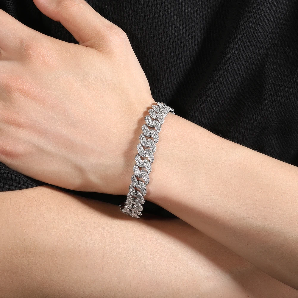 UWIN 12mm Moon Shaped Baguettecz Bracelets for Women Iced Out CZ Cuban Link Chain 3 Tone Color Bracelet Fashion Jewelry for Gift