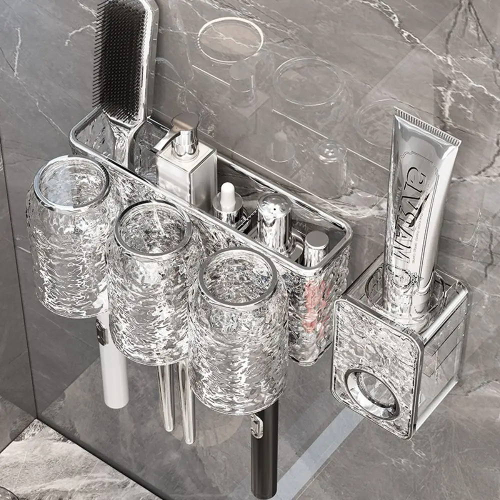 Transparent Toothbrush Rack Water Ripples Drain Upside Down Toothbrush Holder Strong Adhesive Installation PET+ABS Wash Cup Set 4