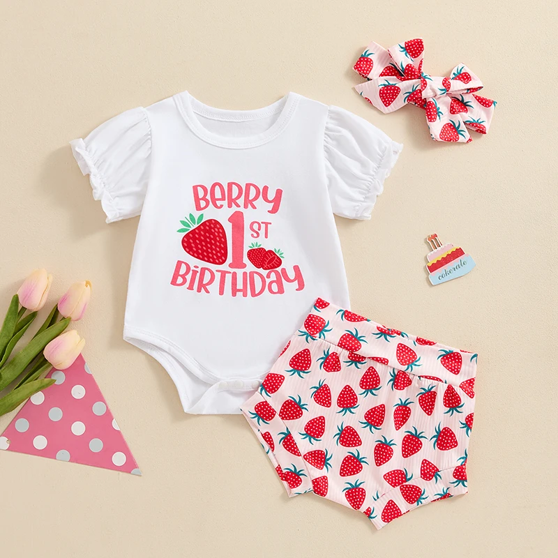 

Suefunskry Baby Girls Birthday Outfits Strawberry Print Short Sleeve Romper and Elastic Shorts Cute Headband 3 Piece Clothes