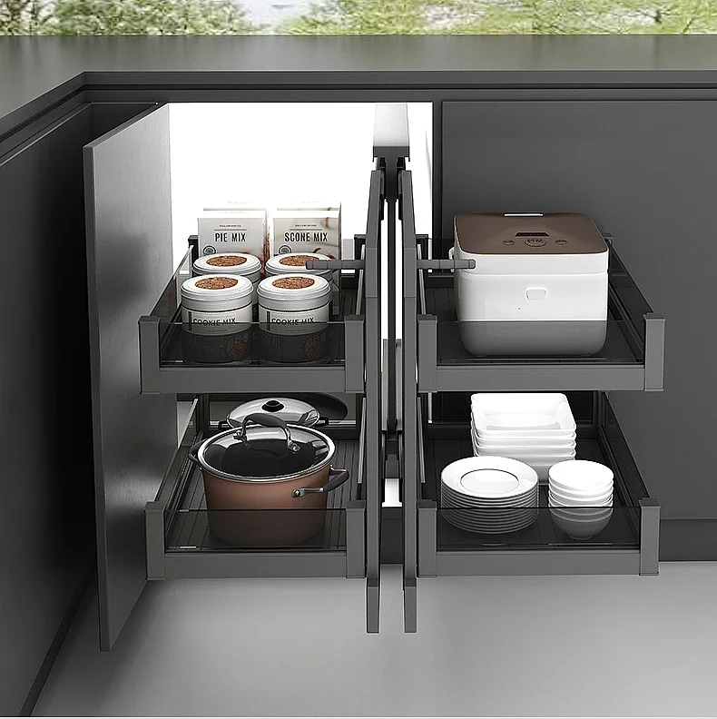 Kitchen cabinets aluminum alloy corner pull basket full pull corner all aluminum dish rack