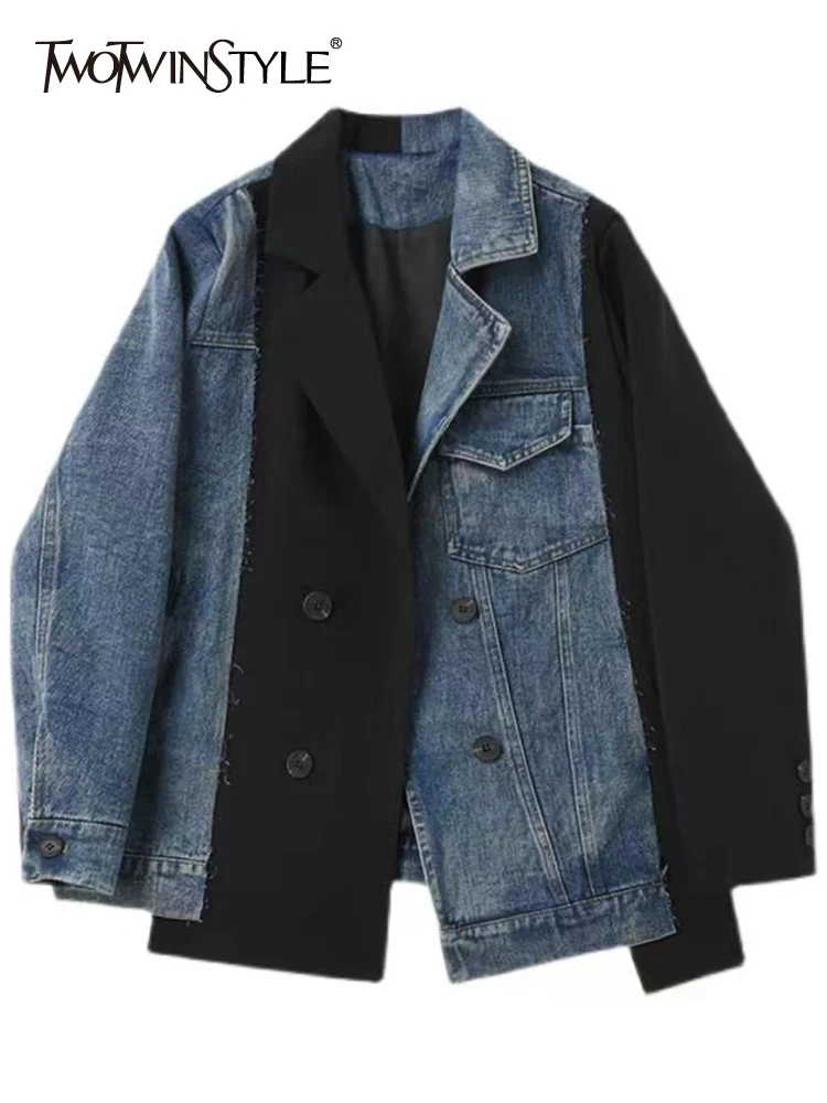 

TWOTWINSTYLE Hit Color Patchwork Denim Plaid Jackets For Women Lapel Long Sleeve Patchwork Double Breasted Casual Jacket Female