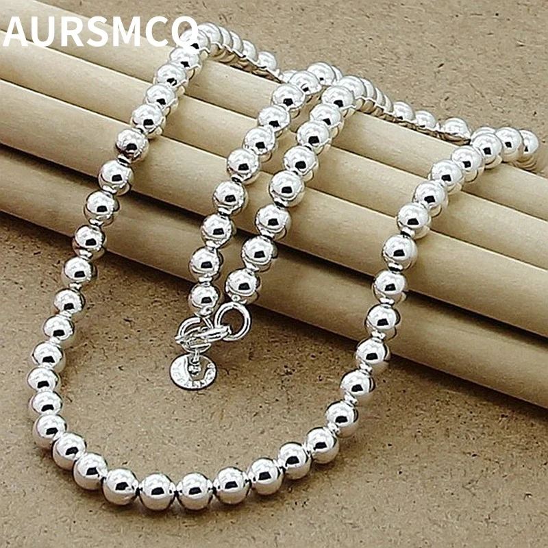 

AURSMCQ 925 Sterling Silver 6mm Smooth Beads Ball Chain Necklace For Women Trendy Wedding Engagement Jewelry 45CM
