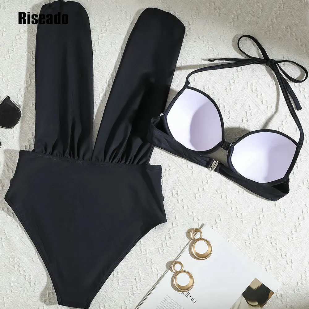 Riseado Sexy Push Up Plunge One Piece Swimsuit Cut Out Brazilian Bathing Suit Underwire Bra Separate Top Black Monokini one piece swimsuit