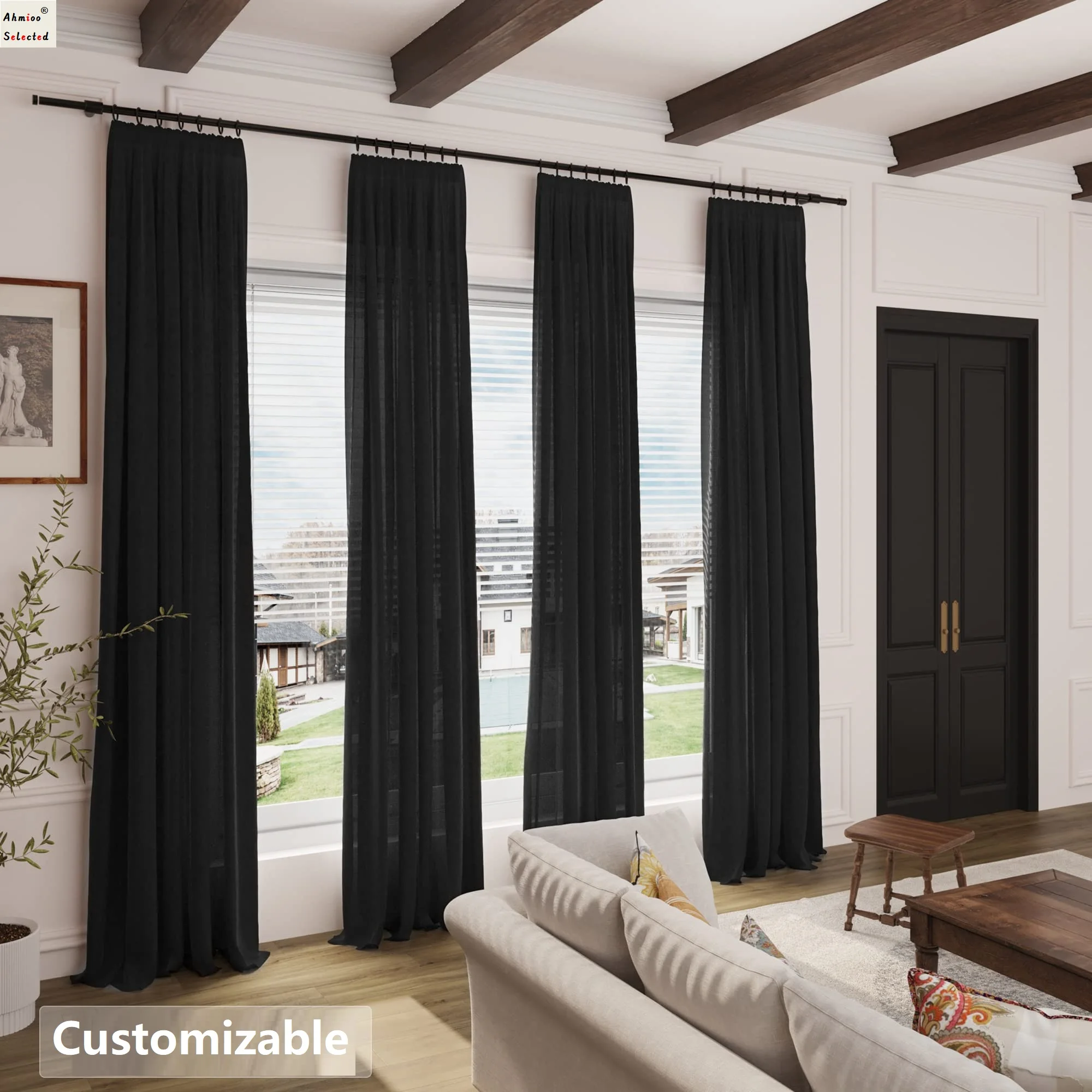 

Solid Black Semi-blackout Curtains Sheer Black Linen Curtains Modern Farmhouse Cotton Textured Gauze Curtains for Patio Doors