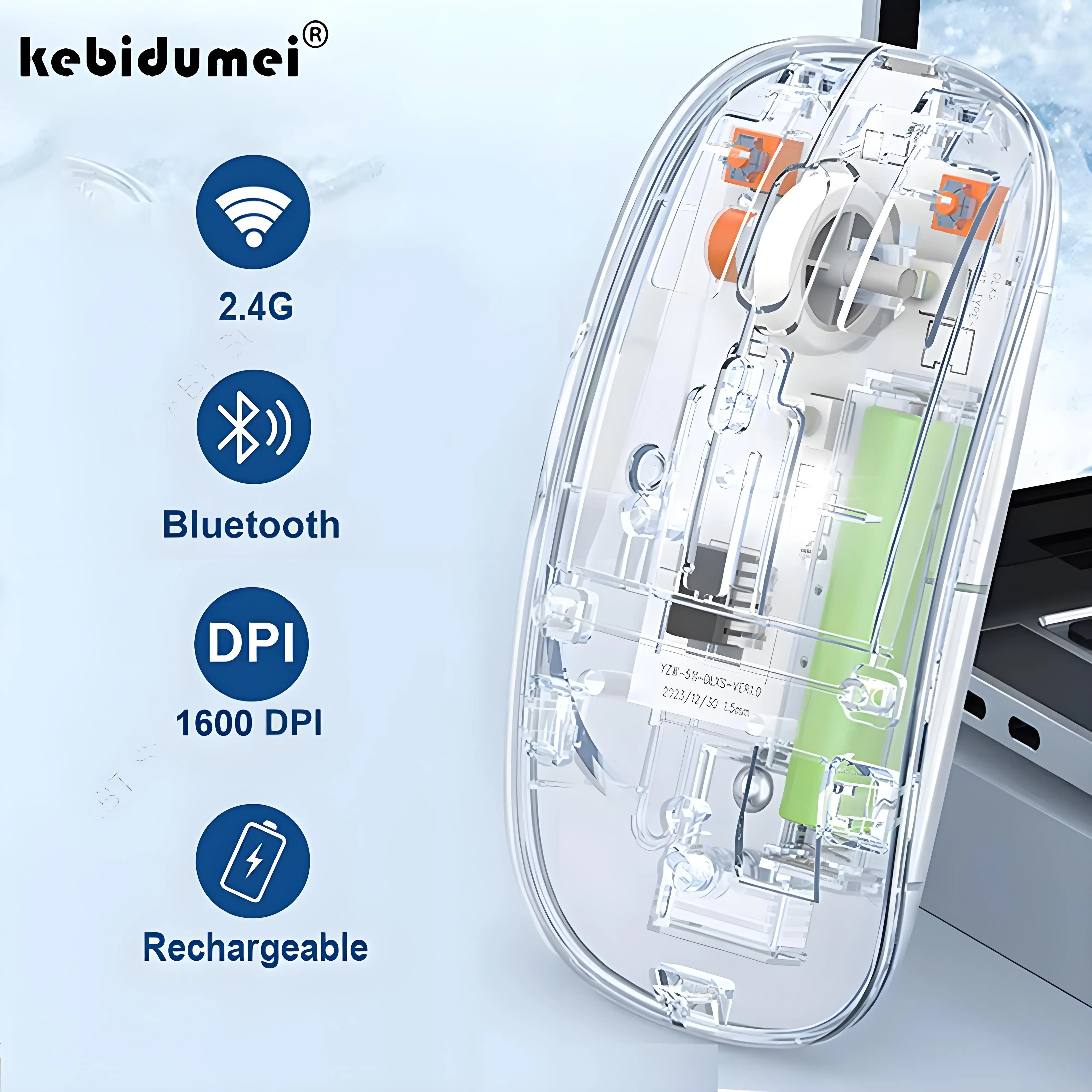 Bluetooth Mouse 2.4G Wireless Mouse Dual-Mode Transparent Mouse 1600 DPI Silent Mouse Rechargeable Mice for PC Laptop Macbook 1