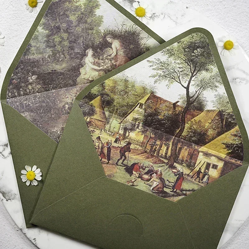 Wedding Invitations 1pc Avocado Green Series Vintage Envelopes Printing Lining Envelopes Invitation Stationary Postcard