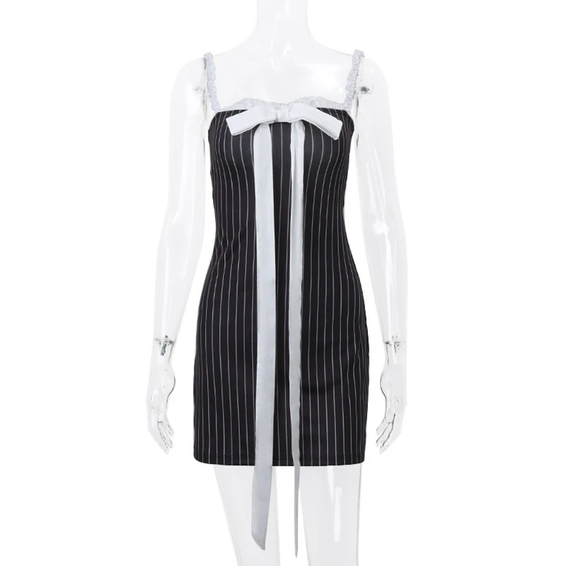 y2k Dress 2000s Women Striped Lace Stitching Off Shoulder Sleeveless Bodycon Short Dress with Bow Decor Party Dresses