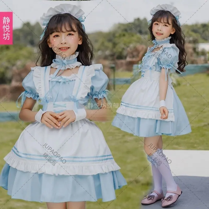 Kids Girls Anime Lolita Princess Cosplay Costumes Short Sleeve Ruffle Maid Dress With Headwear Neckwear Suit