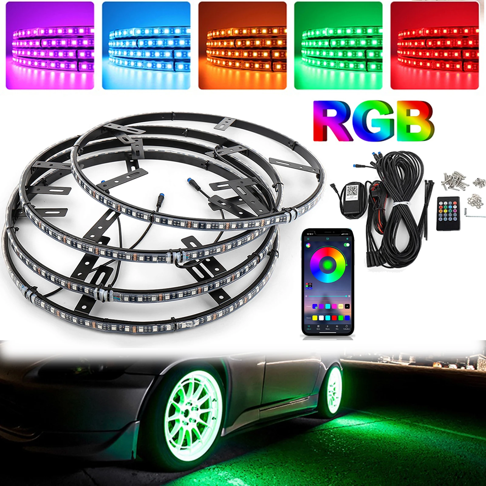 

4PCS 15.5 INCH Waterproof RGB LED Wheel Lights Kit Double Row MultiColor Change App/Remote Control For Cars Truck Tire Rim Light