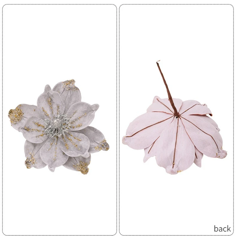 Gold Glitter Christmas Flower Decor - Flocked Fabric Holly Sprig with Glitter for Tree Wreath & Holiday Arrangements