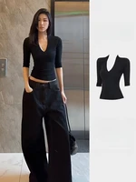 T-shirt court noir Y2K pour femme, col en V, épaules tombantes, manches courtes, coupe slim, décontracté, unique, pour l'été, vêtements Pro Choice pour femme 1