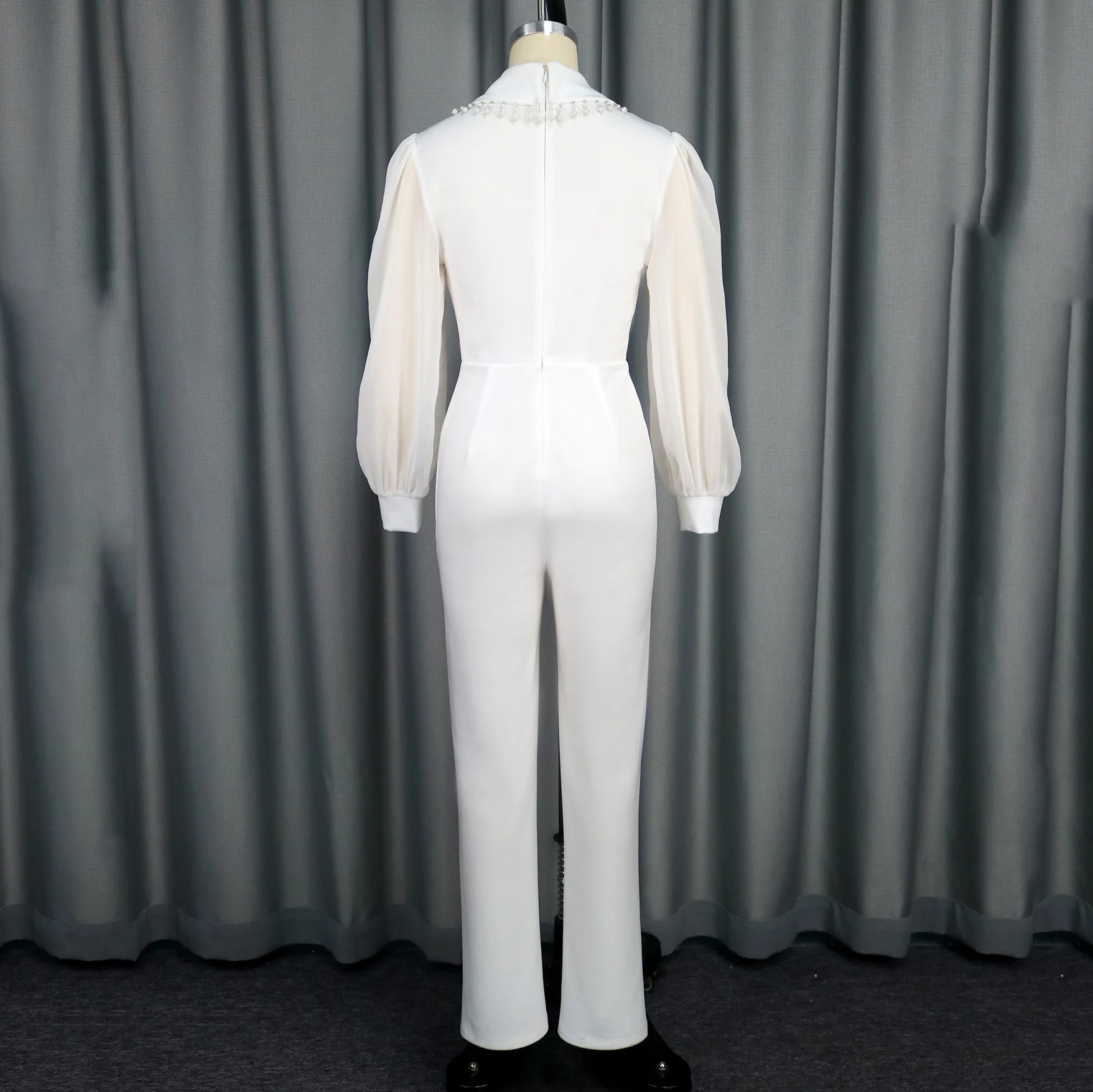 Elegant Jumpsuits Rompers for Woman White V Neck Full Sleeve