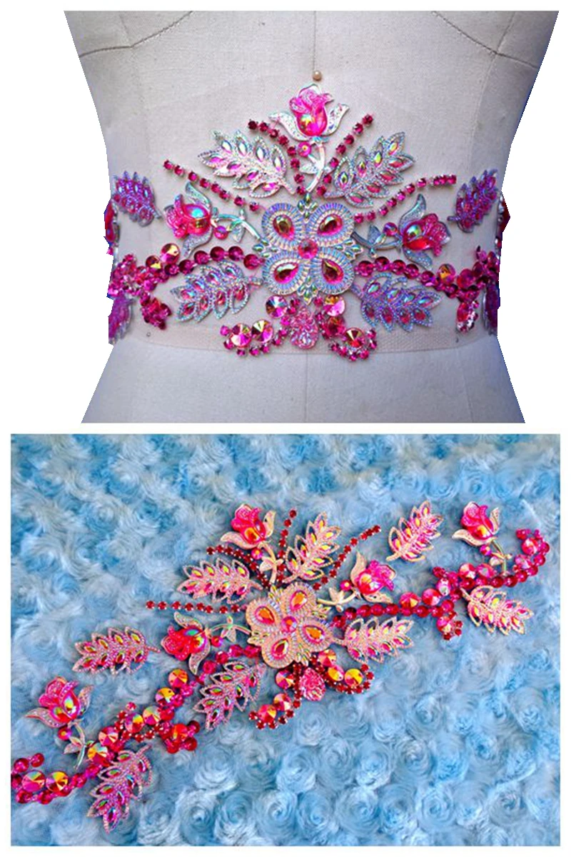 Hand Made Crystal Beads Patches Trim Sequins Rhinestones Sew On Pink/ab