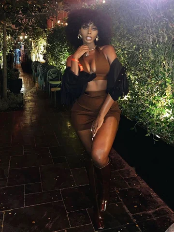 Simple Solid Casual Two Piece Set Women Sexy Deep V-Neck Halter Crop Tops+High Waist Mini Skirt Matching Lady Streetwear