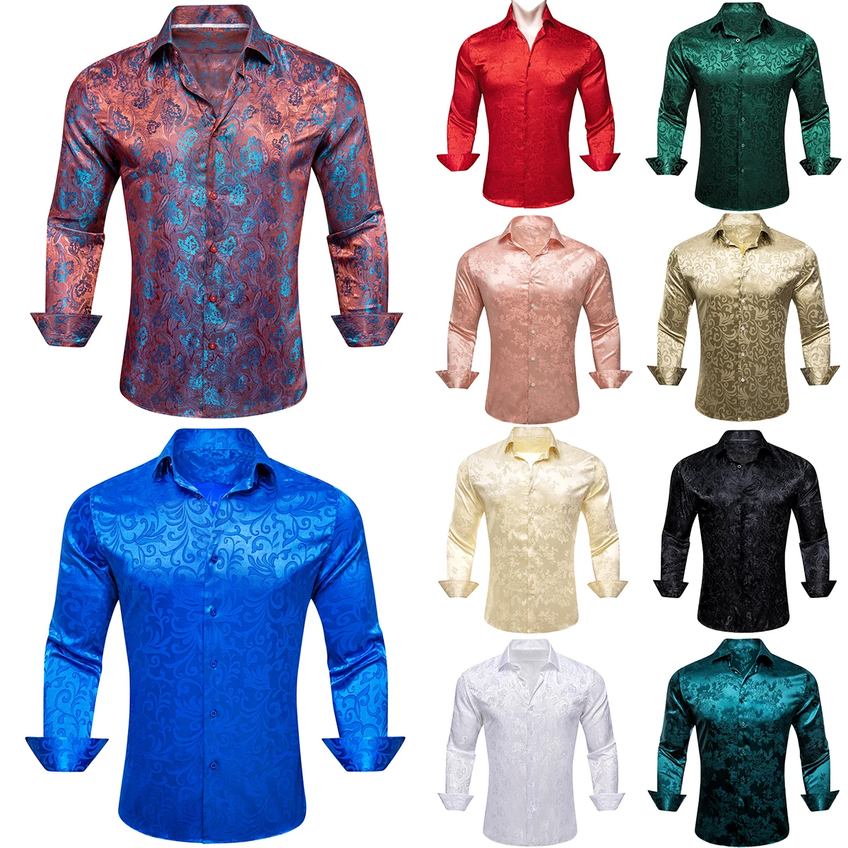 

Дизайнерские шелковые рубашки для мужчин, приталенная Мужская блузка с длинными рукавами, черная, белая, красная, зеленая, синяя, золотая, розовая, с цветами, повседневные топы, Barry Wang