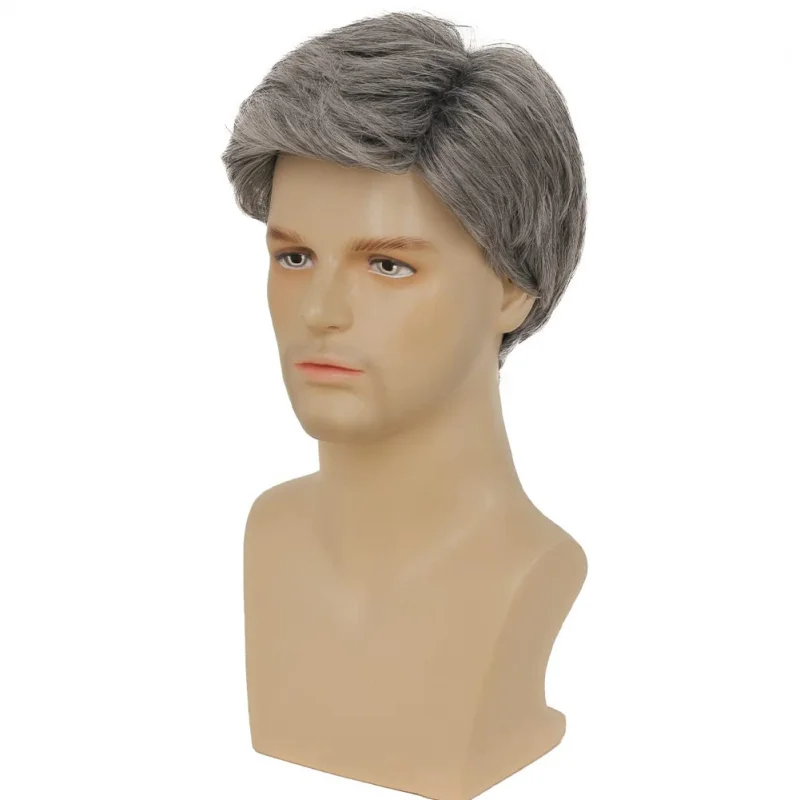 Parrucca Corta Grigia da Uomo, Sintetica, per Costume di Halloween, Morbida, a Strati, Effetto Naturale (Grigio) - immagine 3