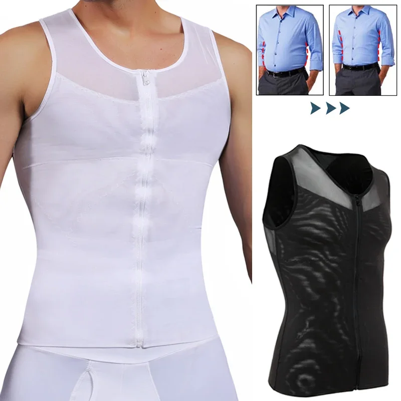 Mens Body Shaper Slimming Vest Waist Trainer Compression Sports Top Abdomen Belly Shaping Corset Gynecomastia Compression Shirts With Zipper