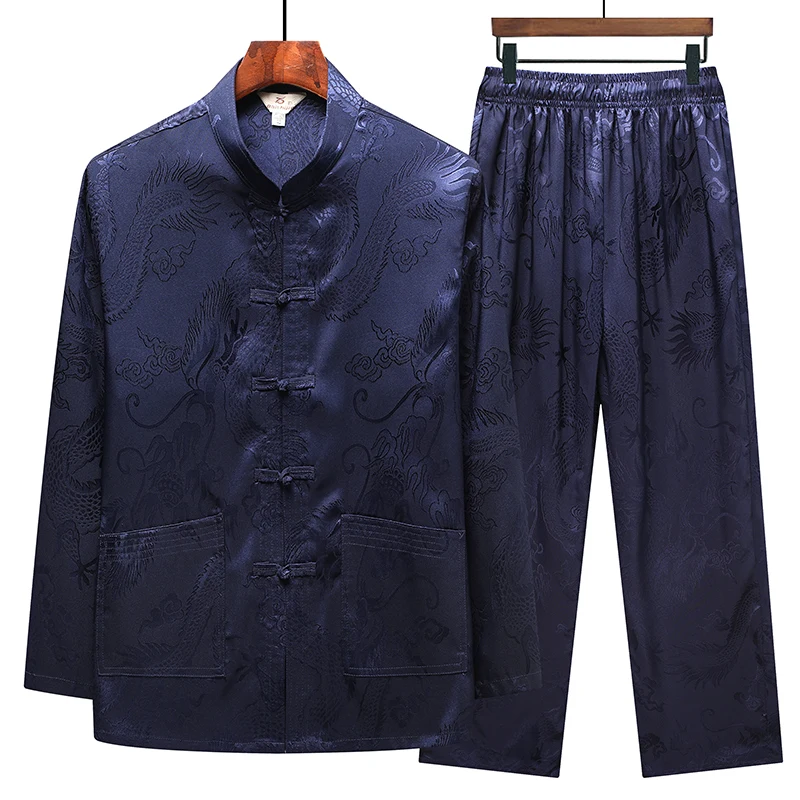 Tang Suit (top + Pants) Dad Chinese Style Hanfu for Middle-aged and Elderly Men Imitation Mulberry Silk Satin Jacquard Suit 4