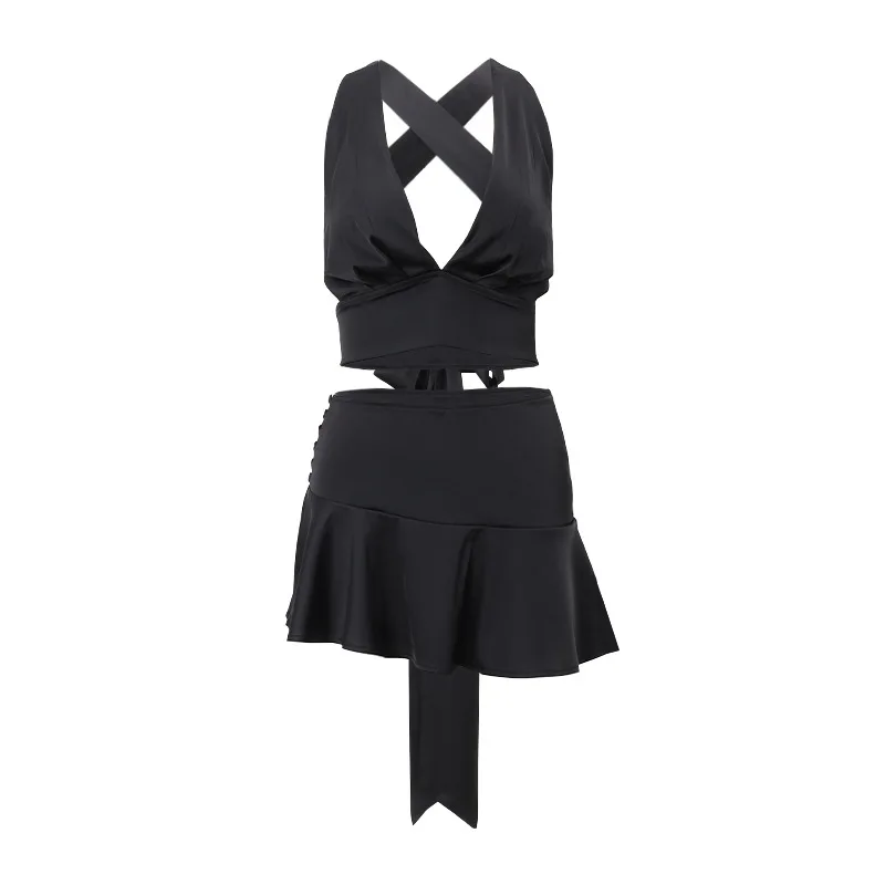 Women's Clothing2024Spring New Sexy Hollow DeepVLace-up Halter Vest Mini Skirt SuitBjd