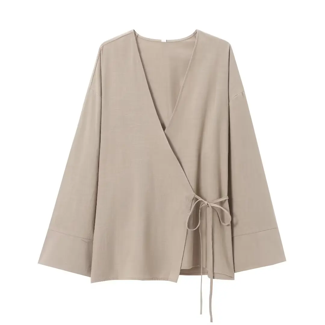 thumbnail image 1 of HH TRAF Elegante conjunto de 2 piezas de gran tamaño para mujer, blusa holgada informal asimétrica con cordones, pantalones de pierna ancha y cintura elástica para mujer, 1 of 5
