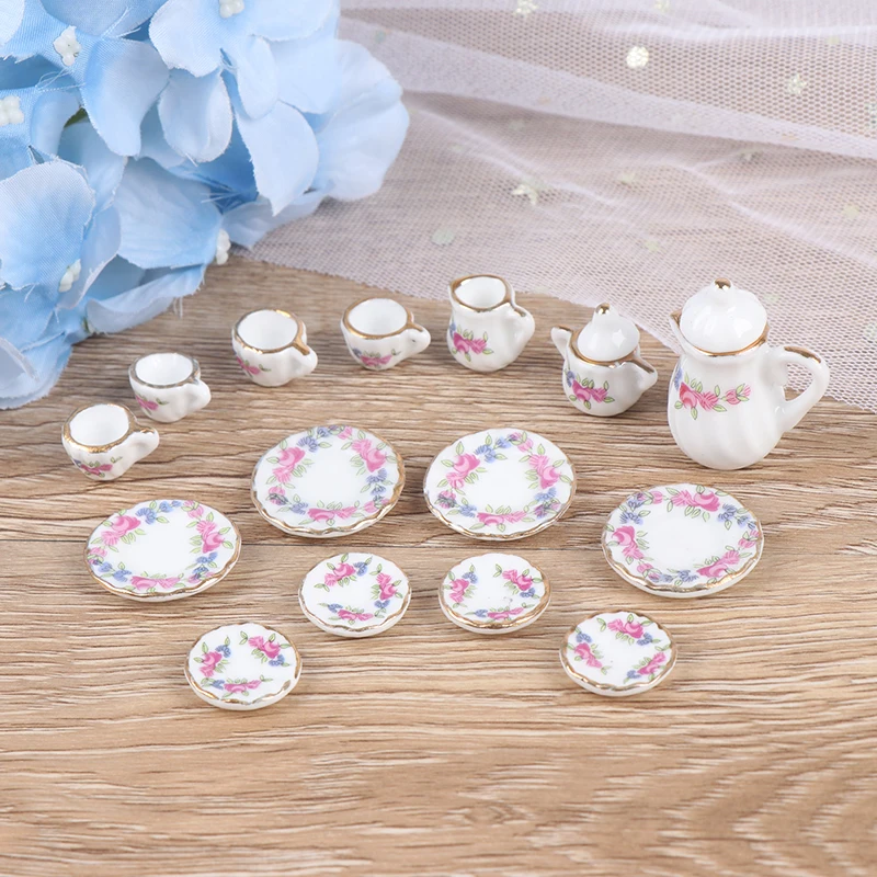 

Dollhouse Mini Ceramic Tea Set Miniature Porcelain Tea Cup Set Chintz Flower Tableware Kitchen Dollhouse Furniture Toys