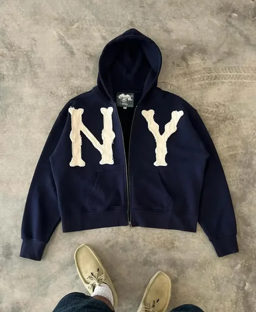 Veste à capuche surdimensionnée pour hommes, marque tendance européenne et américaine, lettre brodée, Y2k Harajuku rétro, fermeture éclair 1