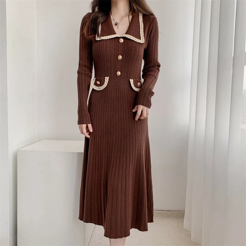 Vestidos de punto de otoño e invierno para mujer, cuello vuelto, moda coreana, corte en A, vestido liso informal, vestidos ajustados para mujer, nuevo