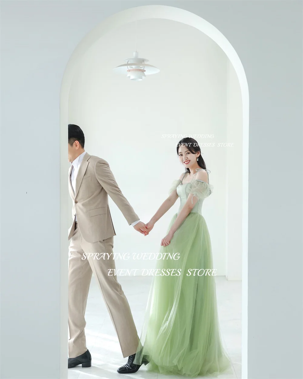 SPRAYING Korea Photoshoot Simple A-line Long Wedding Dress Tulle Green Party Dress Sweetheart Puff Sleeve Prom Corset Back