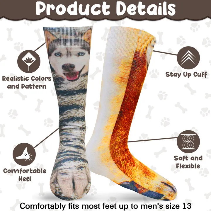 2 Pair Dog Claw Socks Funny Animal Paw Socks Novelty Christmas Stocking Stuffers 3D Dog Gray Orange Paw