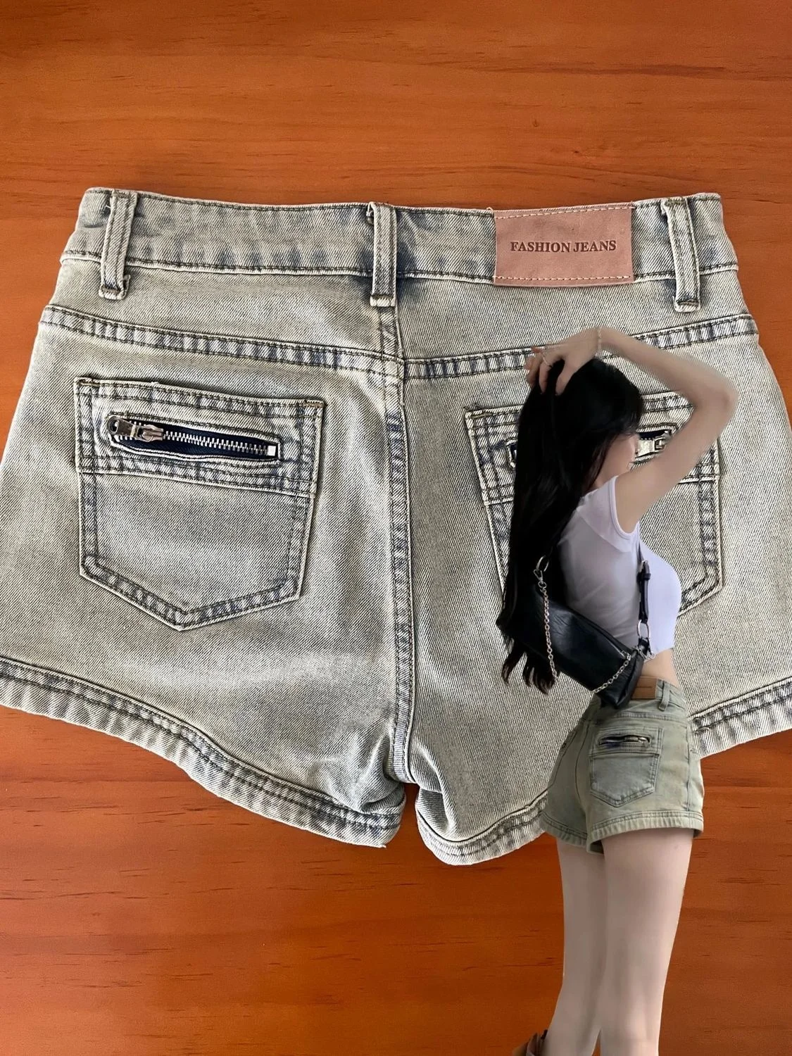 American character print, washed old denim shorts, children's summer high waisted slim fit, trendy hot pants