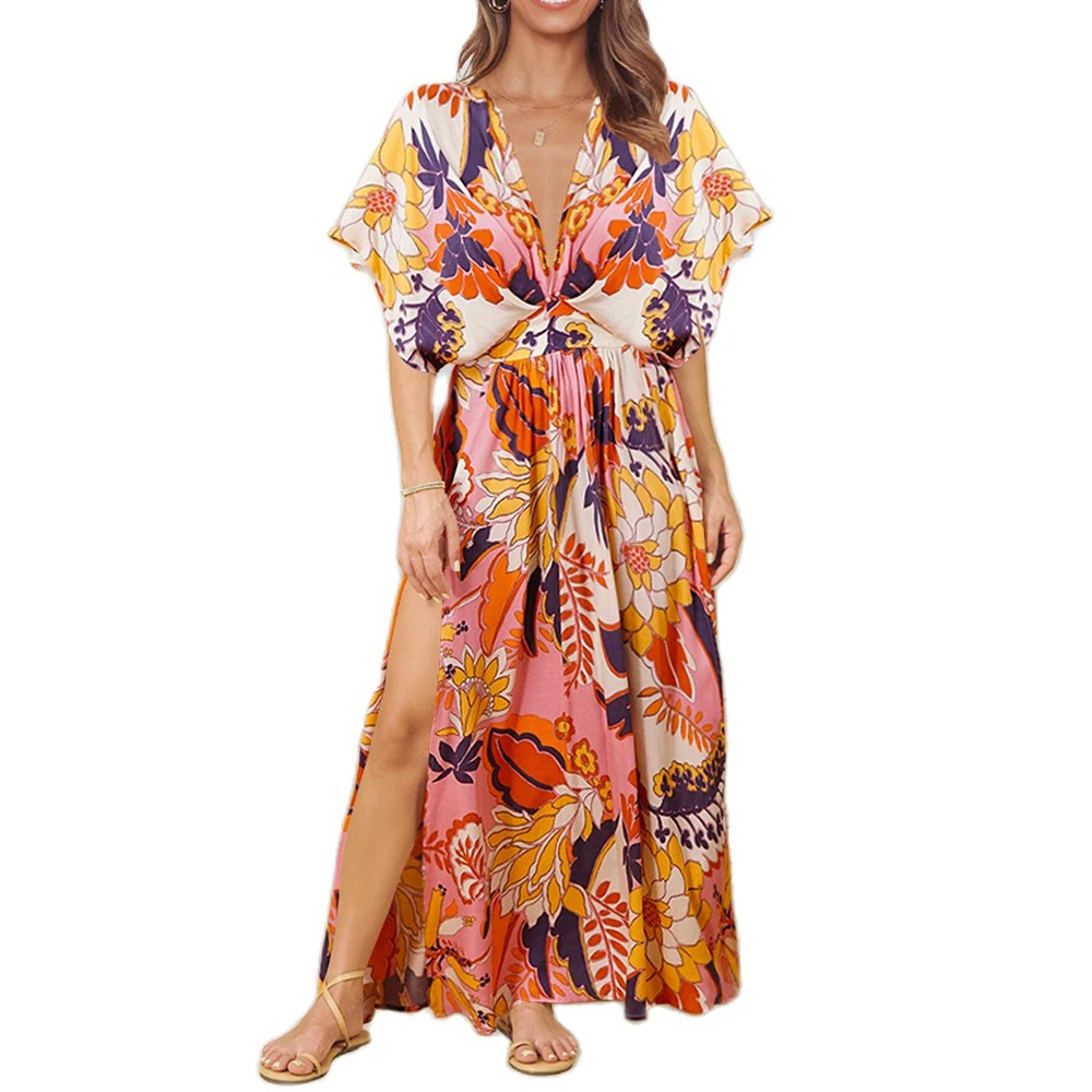 

New Summer Women's Dresses Casual Batwing Sleeve V-neck Floral Printed Beach Dress Elegant High Waist Split A-line Maxi Sundress