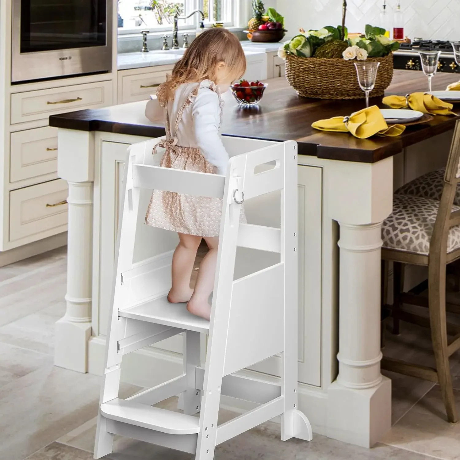 

Bamboo Toddler Kitchen Step Stool Helper Standing Tower Height Adjustable with Anti-Slip Protection