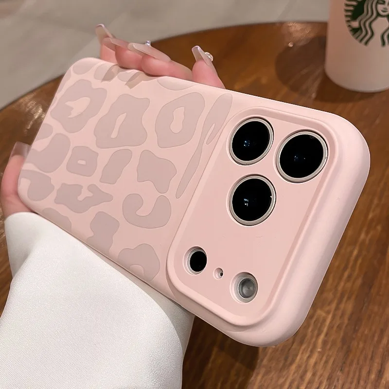 Capa de silicone líquido com estampa de leopardo para iPhone 17, 16 Pro Max, Air 14, 15 Plus, 11, 12, com botões de controle da câmera, macia e resistente a impactos._voghion.com