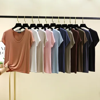 Plus size L to 6XL U-Neck Women's Tshirt short sleeves Modal T-shirts Thin Bottomed Tees solid color Loose Tee Tops all match