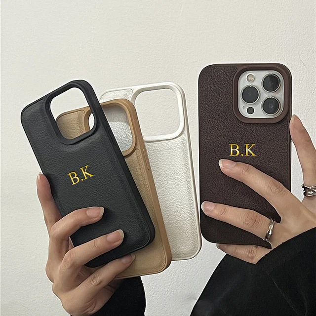 Personalized Name Case For iPhone 16 15 14 13 12 11 Pro Max Customized Initials Letters Leather DIY Engraved Cover 16 Pro Max 2