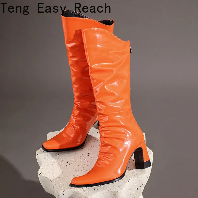 2023 New women's patent leather knee-high boots stylish white squareToe zipper chunky heels in candy color Boots Size 34-43