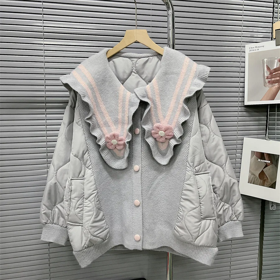 

Autumn Winter New Korean Version Loose 3D Flower Spliced Knitted Women Sweater Jacket Cotton Padded Coat