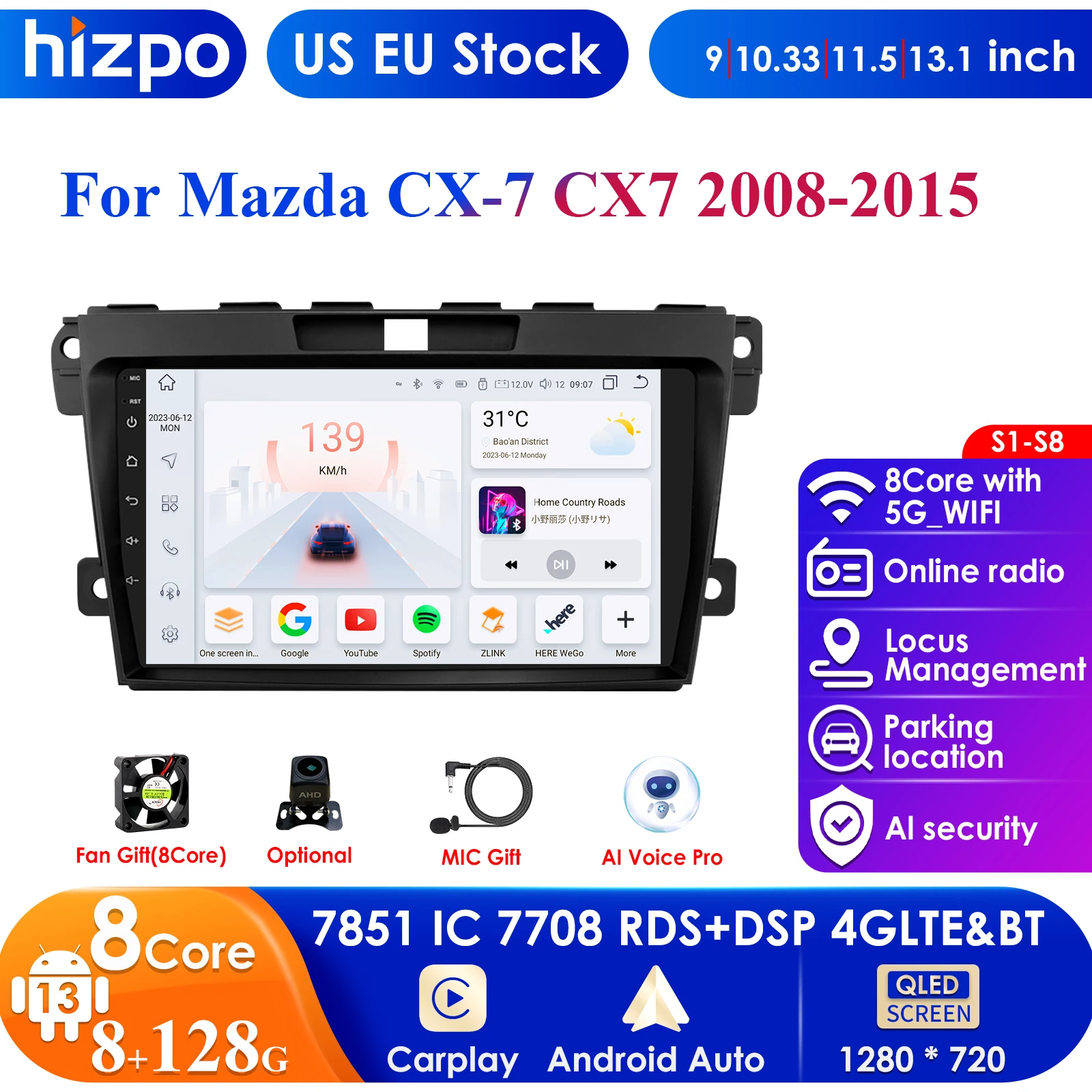 

Carplay 4G-LTE 9" Car Radio Android 13 for Mazda CX-7 CX7 2008 - 2015 Multimedia Player Navigation GPS 2Din Stereo DSP Head Unit