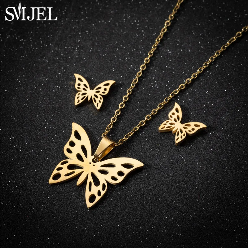Korea Style Stainless Steel Butterfly Jewelry Sets for Women Cartoon Bee Insect Pendant Necklace Girls Summer Beach Wedding Gift 1